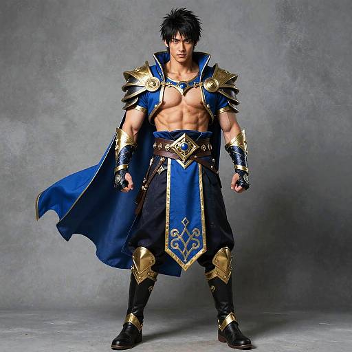 Photograph of a muscular, dark-haired male warrior in blue and gold armor, standing confidently with a serious expression, against a gray textured background.