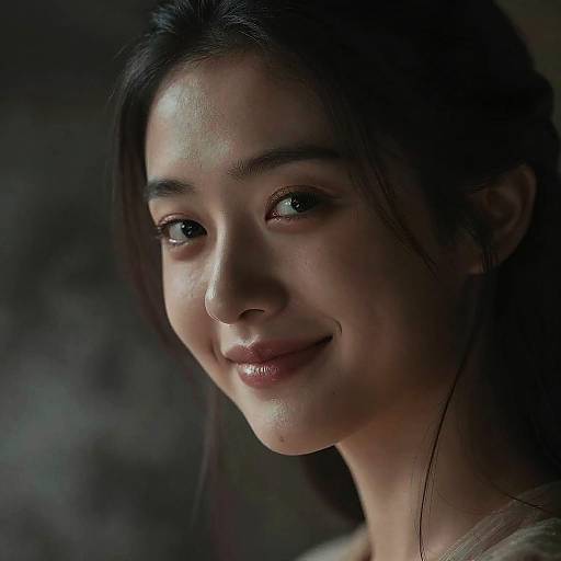 Photograph of a young woman with fair skin, dark hair, and blue eyes, smiling softly; dimly lit background, soft light on her face