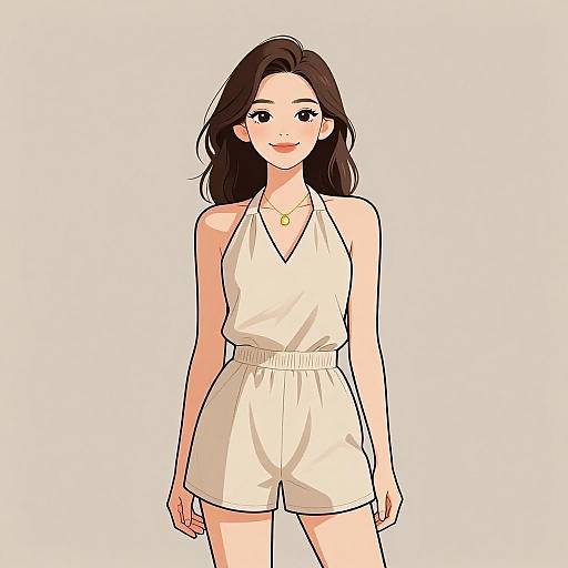 Digital anime-style drawing of a smiling young woman with long brown hair, wearing a white halter top and shorts, with a gold necklace, standing against