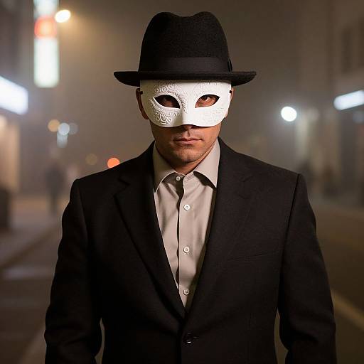 Photograph of a man in a black suit, white mask with eye holes, black fedora, standing on a misty, illuminated city street at