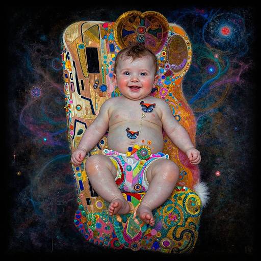 Digital artwork of a smiling baby with colorful diaper and paint splashes, seated on a vibrant, abstract, patterned chair against a dark, cosmic background