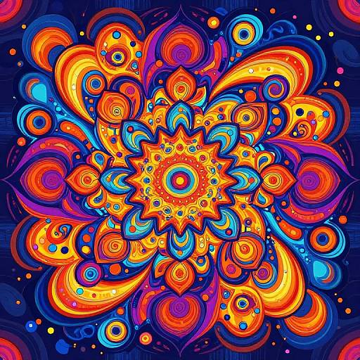 Vibrant digital mandala with swirling orange, red, yellow, and blue patterns, featuring intricate circular and floral designs against a dark blue background.
