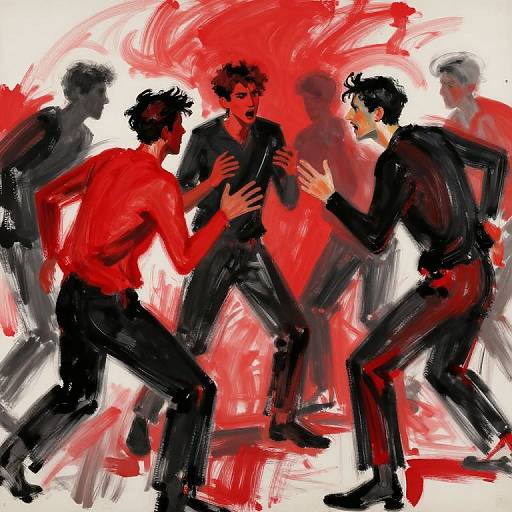 Digital painting of six men in black suits, intense expressions, dynamic poses, against a vibrant red and white abstract background.
