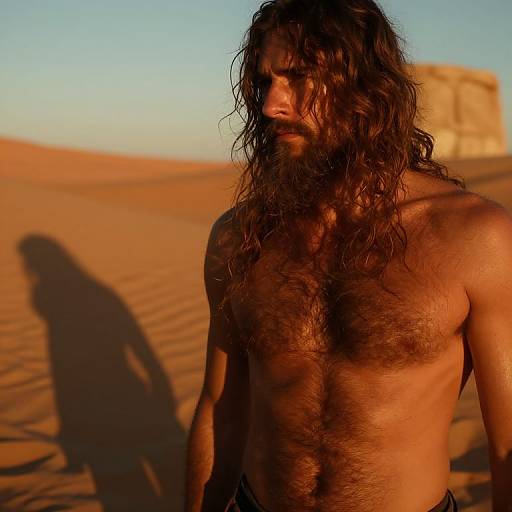 Photograph of a shirtless, muscular man with long, wavy brown hair and a thick beard, standing in a desert with orange sand dunes