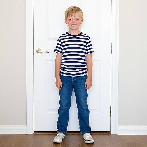 Photograph of a smiling young boy with blond hair, wearing a black-and-white striped shirt, blue jeans, and white sneakers, standing in front of