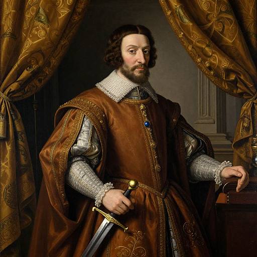 Renaissance portrait of a bearded man in ornate brown velvet doublet with silver lace, holding a sword, standing before rich, patterned