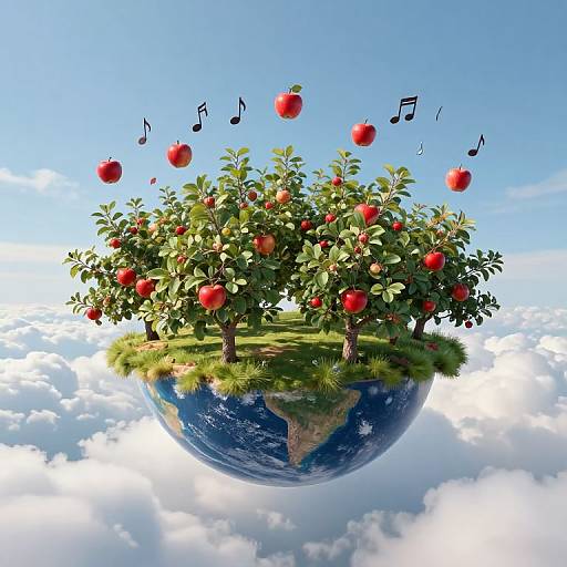 Photorealistic digital art: Floating Earth with apple trees, red apples, green leaves, musical notes, against a clear blue sky and white clouds background