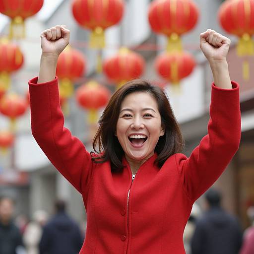 Photograph of an Asian woman with shoulder-length black hair, wearing a red jacket, smiling widely, and raising both fists in celebration. Background features red