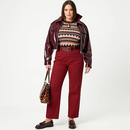 Photograph of a confident woman with long black hair, wearing a patterned lace top, maroon high-waisted pants, black loafers,