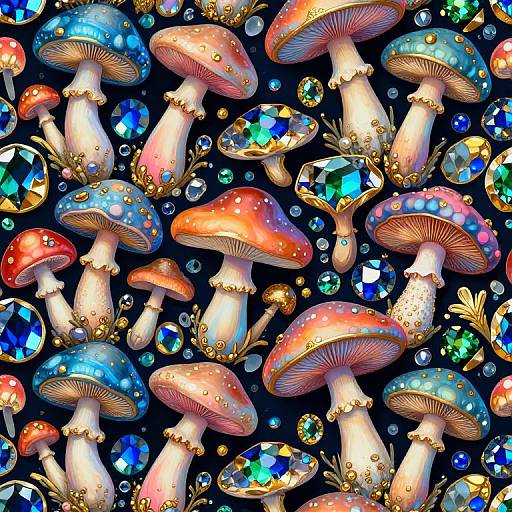 Digital artwork of colorful, gem-studded mushrooms with blue, red, and orange caps, surrounded by sparkling crystals against a dark background.