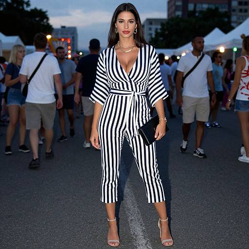Photograph of a confident woman with long dark hair, wearing a black-and-white striped wrap dress and silver heels, standing in a bustling outdoor evening market