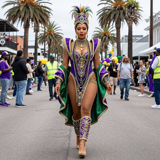 Photograph of a confident Black woman in a vibrant, purple and green Mardi Gras costume with sequins, feathered headdress, and high