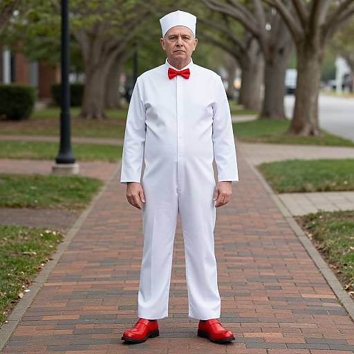 Photograph of an older white man in a white sailor uniform with a red bow tie and red shoes, standing on a brick sidewalk in a tree-lined