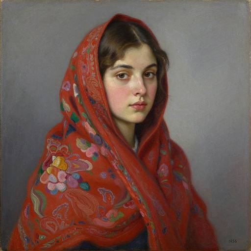 Photorealistic oil painting of a young woman with fair skin, brown eyes, and dark hair, wearing a red floral-patterned headscarf,