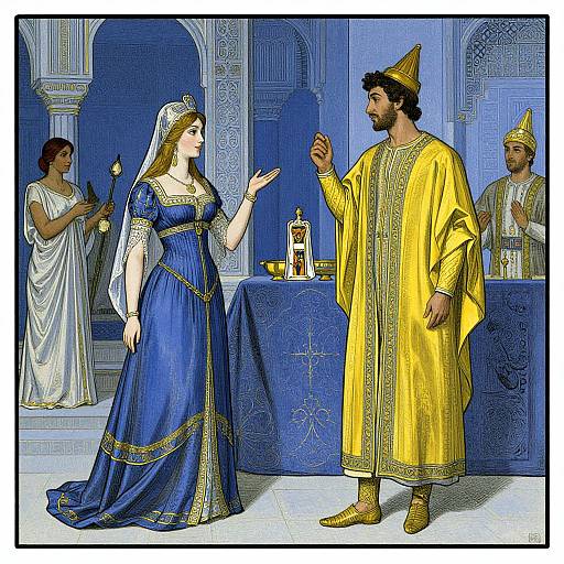 Colorful digital illustration of a Roman-style scene: a blue-dressed woman with a veil converses with a yellow-robed, bearded man in