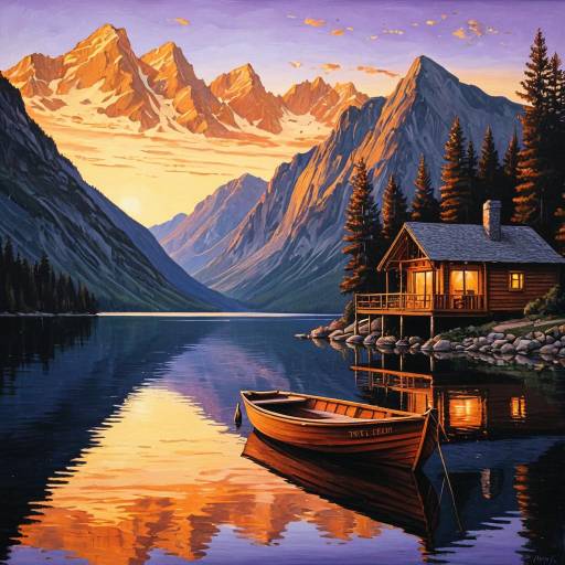 Serene Mountain Lake Cabin at Sunset Serene Mountain Lake Cabin at Sunset