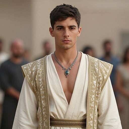 Photograph of a young, dark-haired man with a serious expression, wearing an ornate white robe with gold embroidery and a silver necklace with a blue