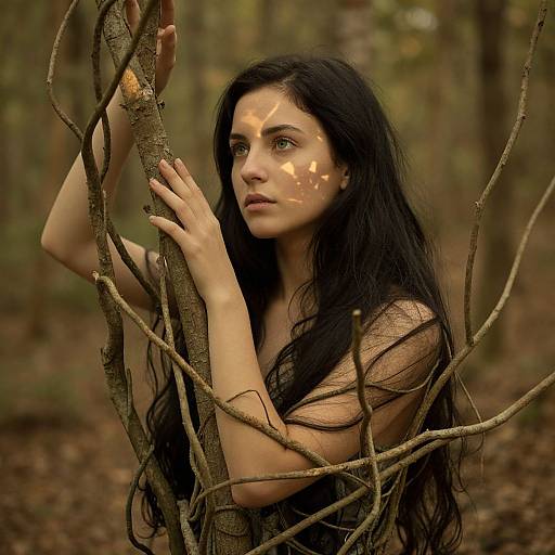 Photograph of a pale-skinned woman with long black hair, holding tree branches in a forest, with sunlight casting patterns on her face.