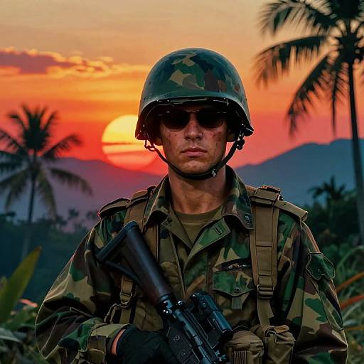 Photograph of a serious male soldier in camouflage uniform, helmet, and sunglasses, holding a rifle, against a vibrant sunset with palm trees and mountains in