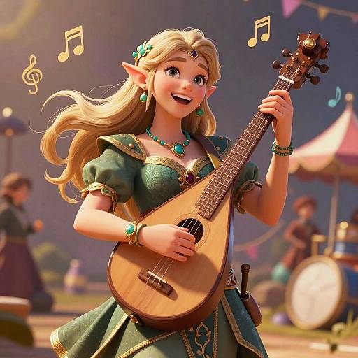 Digital illustration of a smiling, blonde, elfish girl with pointed ears, playing a wooden lute on stage, wearing a green dress and turquoise jewelry