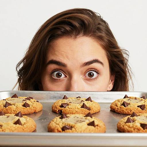 Photograph of a surprised woman with brown hair, wide eyes, and chocolate chip cookies with chocolate triangles on a baking tray.