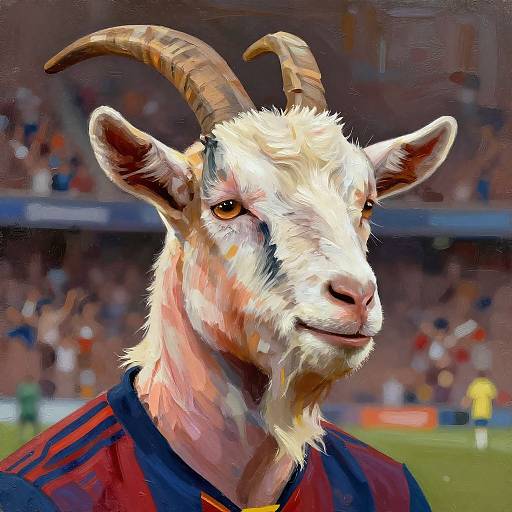 Digital painting of a goat with white fur, brown horns, and red-blue soccer jersey, standing in a blurred stadium.