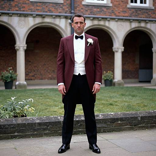 Photograph of a serious, fair-skinned man in a maroon tuxedo, white shirt, black bow tie, and black shoes, standing