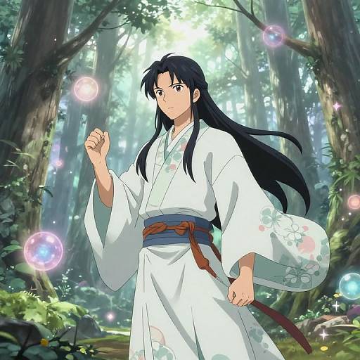 Anime-style digital illustration of a long-haired man in a white kimono with a blue sash, standing in a sunlit forest, surrounded by glowing