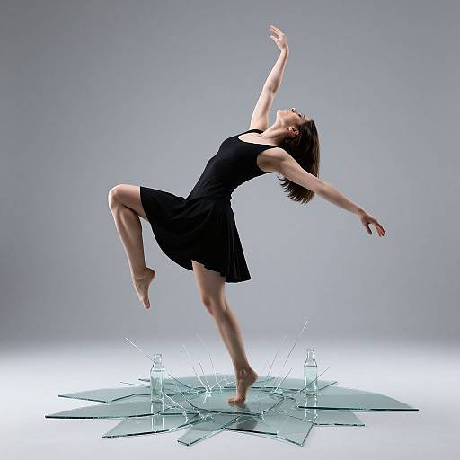 Photograph of a dancing woman in a black dress, mid-leap, breaking glass on a white, grey gradient background.
