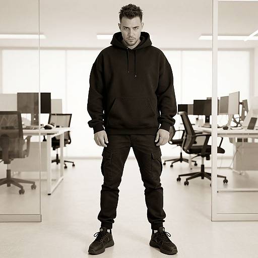 Photograph of a serious, short-haired man in a black hoodie, pants, and sneakers, standing in a bright, modern office with desks and chairs