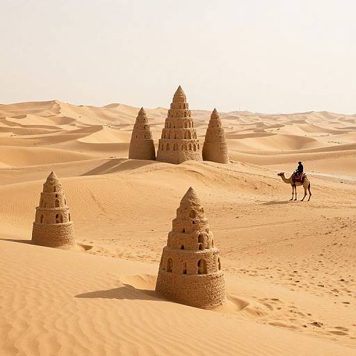 Photograph of a desert with five sandstone towers, golden sand dunes, and a rider on a camel in the right background.