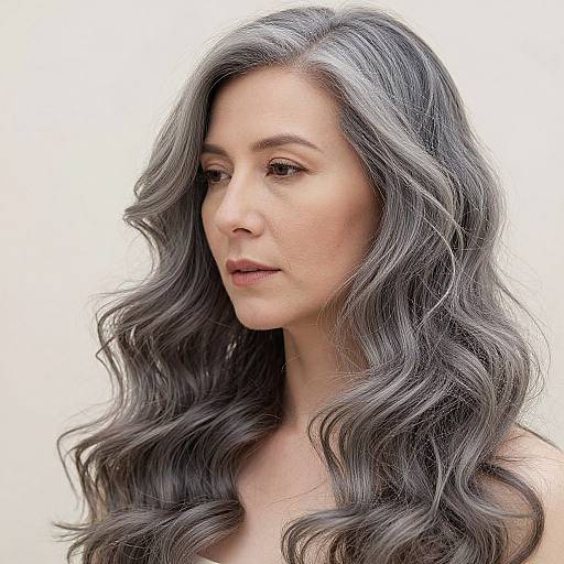 Photograph of a white woman with long, wavy, silver-gray hair, light skin, and subtle makeup, gazing to the side against a