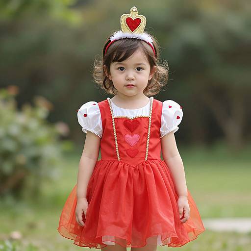 Photograph of a young Asian girl with curly brown hair, wearing a red dress with white puffed sleeves, heart embroidery, and a gold crown with