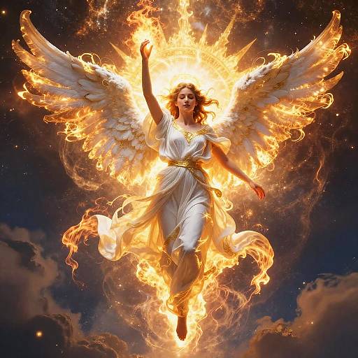 Photograph-like digital artwork of a fiery, angelic woman with glowing white wings and dress, soaring against a dark, cloudy sky. Her expression is