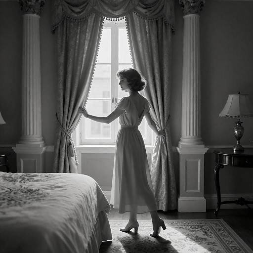 Woman Revealing Sunlight in Vintage Bedroom