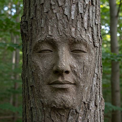 Photograph of a tree trunk with a carved human face, featuring closed eyes and a neutral expression, set in a dense forest.