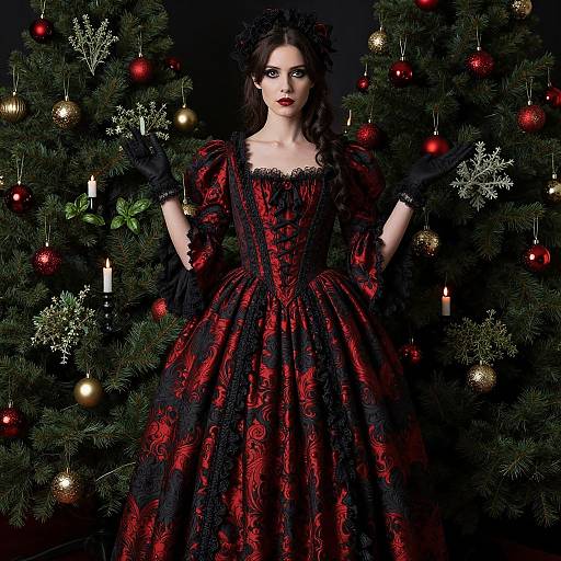 Gothic-style woman in red and black ornate ball gown, dark hair, red lips, standing between two decorated Christmas trees. Photograph.