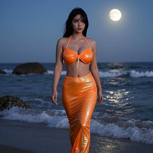 Photograph of a woman with long black hair, wearing a shiny orange bikini top and matching high-waisted skirt, walking on a moonlit beach