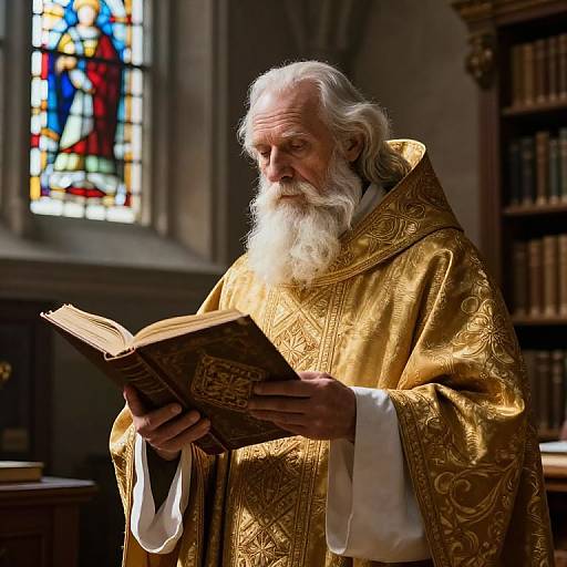 Photograph of an elderly white priest with a long white beard, wearing a golden, intricately patterned robe, reading a large, ornate book