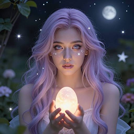 Digital art of a fair-skinned, lavender-haired woman with sparkling face markings, holding a glowing egg, under a moonlit night sky.
