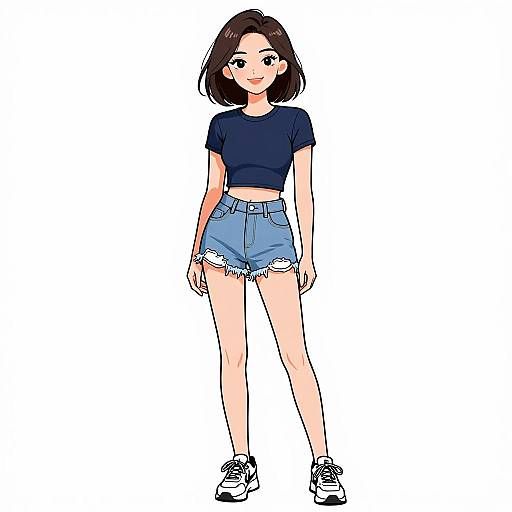 Digital anime-style drawing of a young woman with short brown hair, wearing a navy crop top and frayed blue denim shorts, standing confidently with hands by