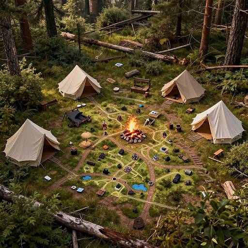 Photograph of a campsite in a dense forest with five white tents, a central campfire, scattered gear, and trees in the background.