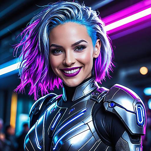 Smiling Futuristic Female Cyborg in High-Tech Armor