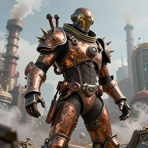 CGI image of a metallic, copper-armored superhero with a gold visor, standing in a smoky, industrial cityscape with tall chimneys