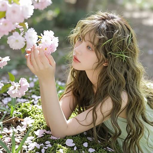 Photograph of a fair-skinned, long-haired young woman with green foliage in her hair, wearing a light green dress, holding pink flowers in a
