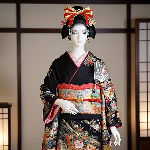 Mannequin in Traditional Japanese Kimono with Ornate Headdress