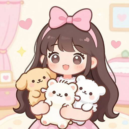Cute anime-style drawing of a girl with long black hair, pink bow, holding two fluffy dogs, smiling, pastel pink and yellow background.