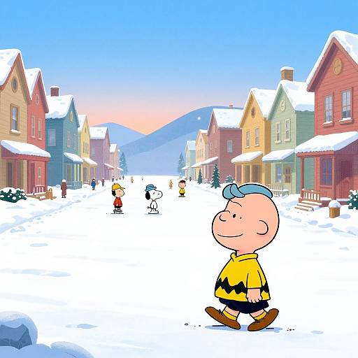 Cartoon-style digital drawing of a snowy town street with colorful houses, six children, and Charlie Brown in a yellow shirt.