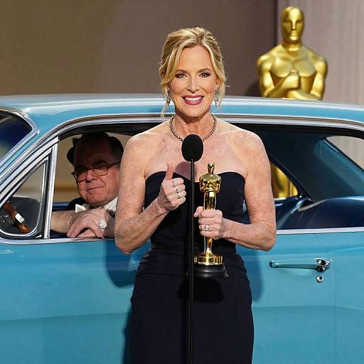 Photograph of a smiling blonde woman in a black strapless dress holding an Oscar, standing in front of a blue car with an elderly man and a