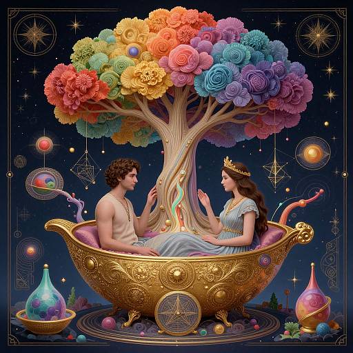 Digital art: Dreamy, surreal scene of a muscular man and a crowned woman in a golden, ornate tub, facing each other under a vibrant